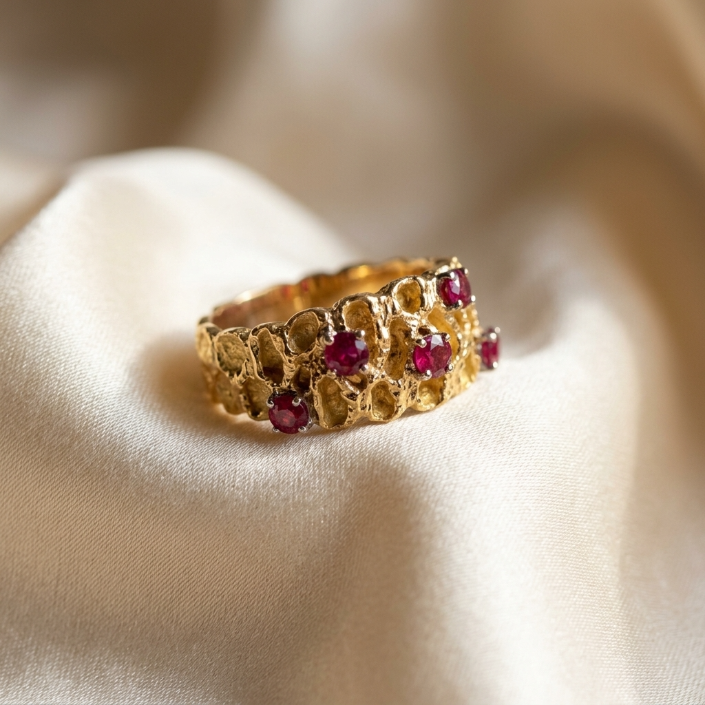 Five stone natural ruby dress ring in yellow gold - angled view