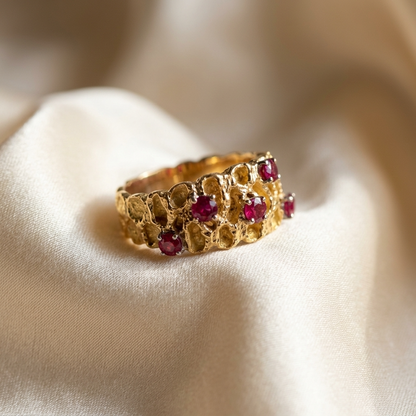 Five stone natural ruby dress ring in yellow gold - angled view