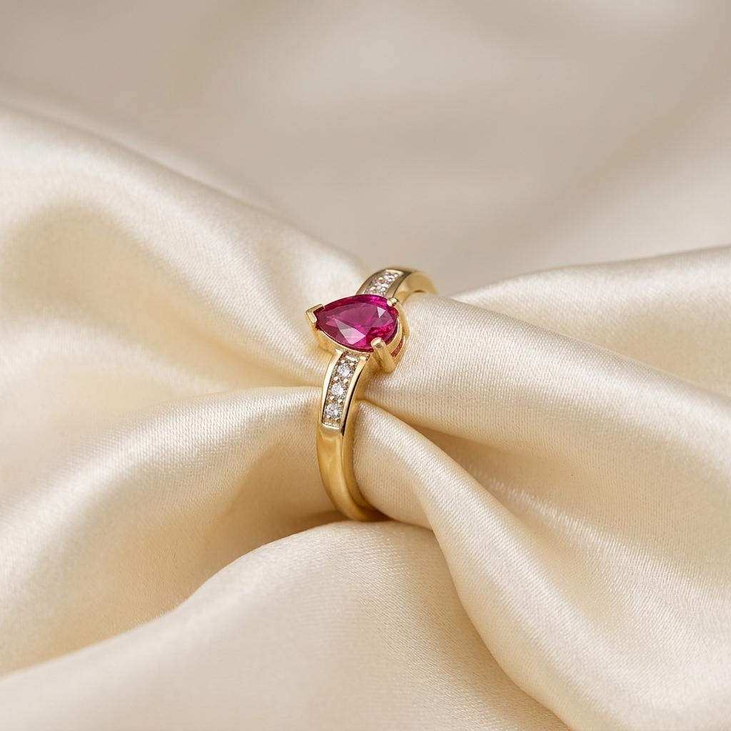 Pear shape ruby and diamond chevron ring in 18ct yellow gold