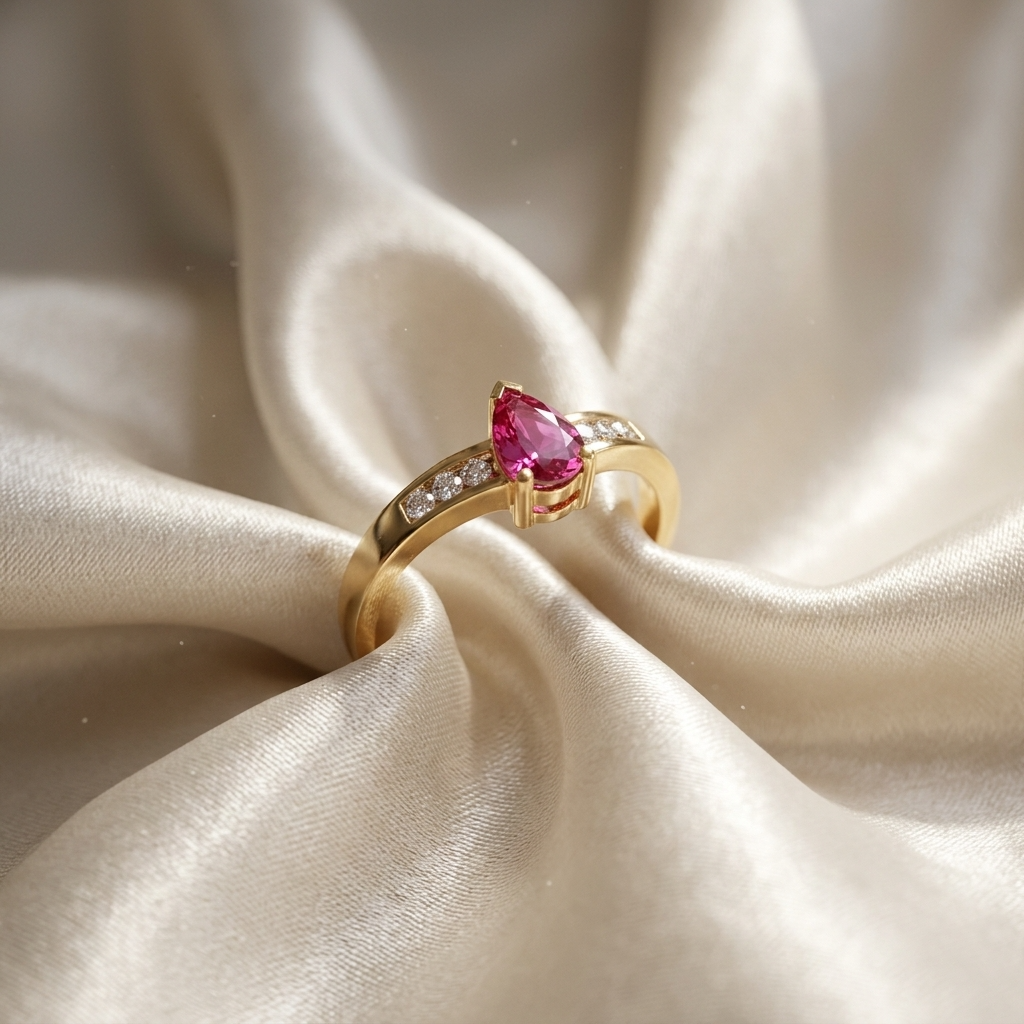 Pear shape ruby and diamond chevron ring - side view