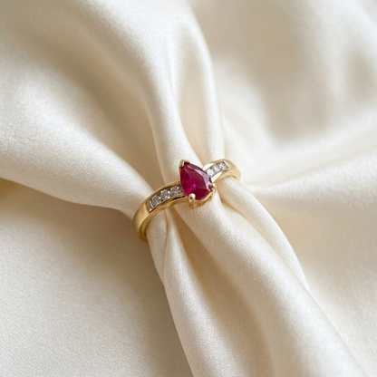 Pear shape ruby and diamond chevron ring - detail view