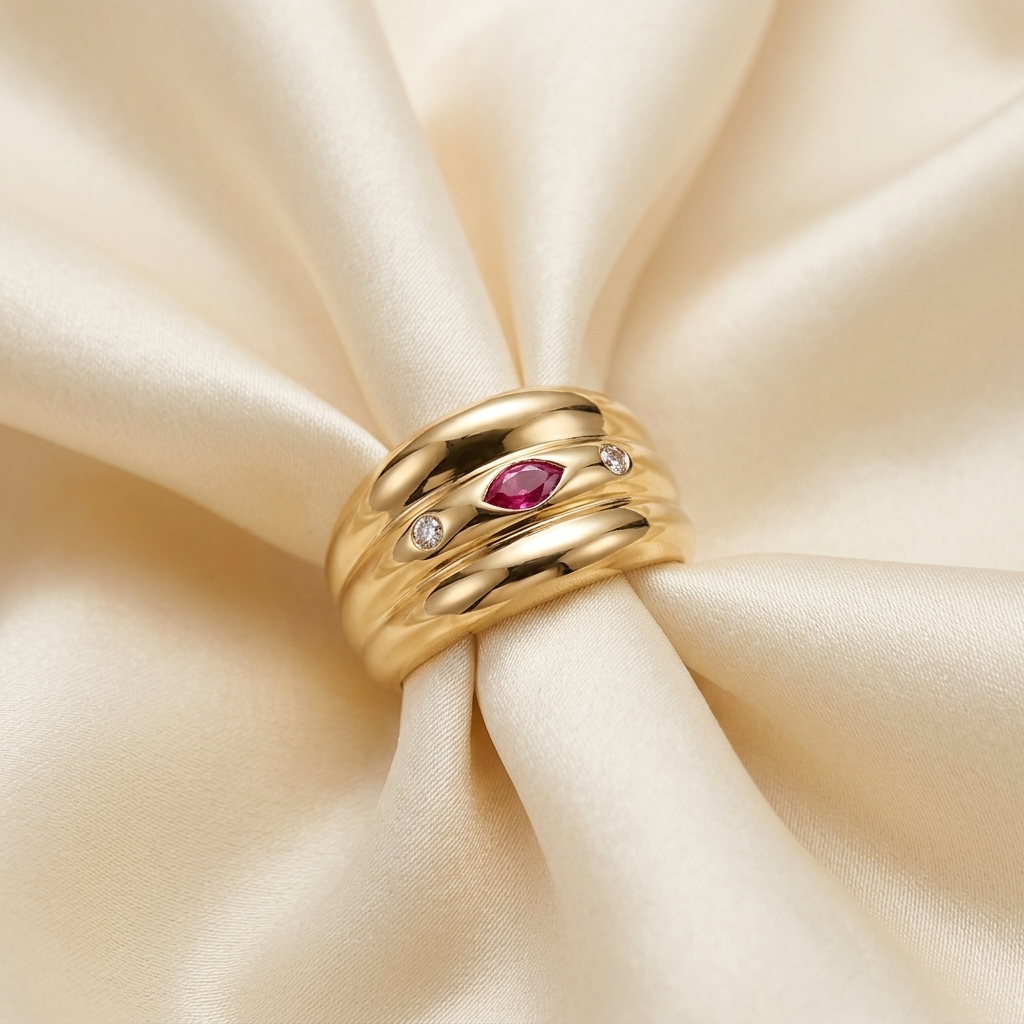 Marquise cabochon ruby and diamond triple band ring in 9ct yellow gold