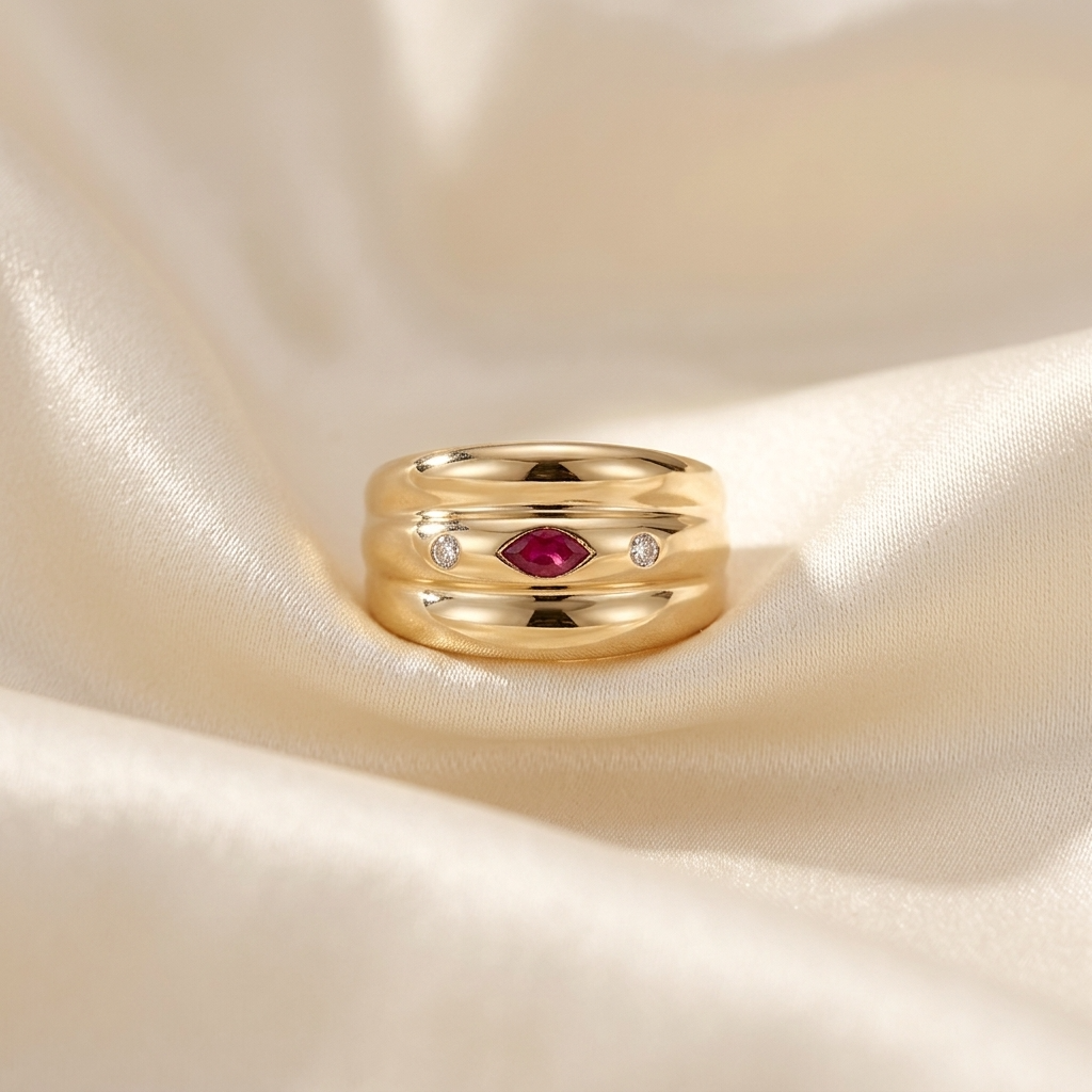 Marquise cabochon ruby and diamond triple band ring - side view