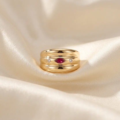 Marquise cabochon ruby and diamond triple band ring - side view