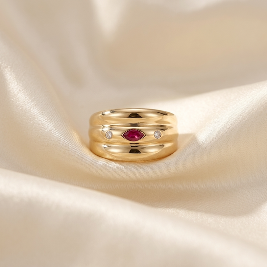 Marquise cabochon ruby and diamond triple band ring - side view