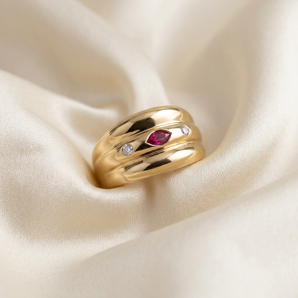 Marquise cabochon ruby and diamond triple band ring - detail view