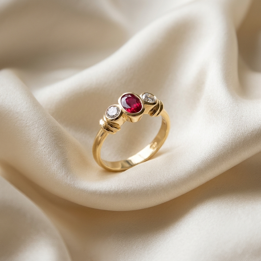 Oval red spinel and diamond ring in yellow gold - side view