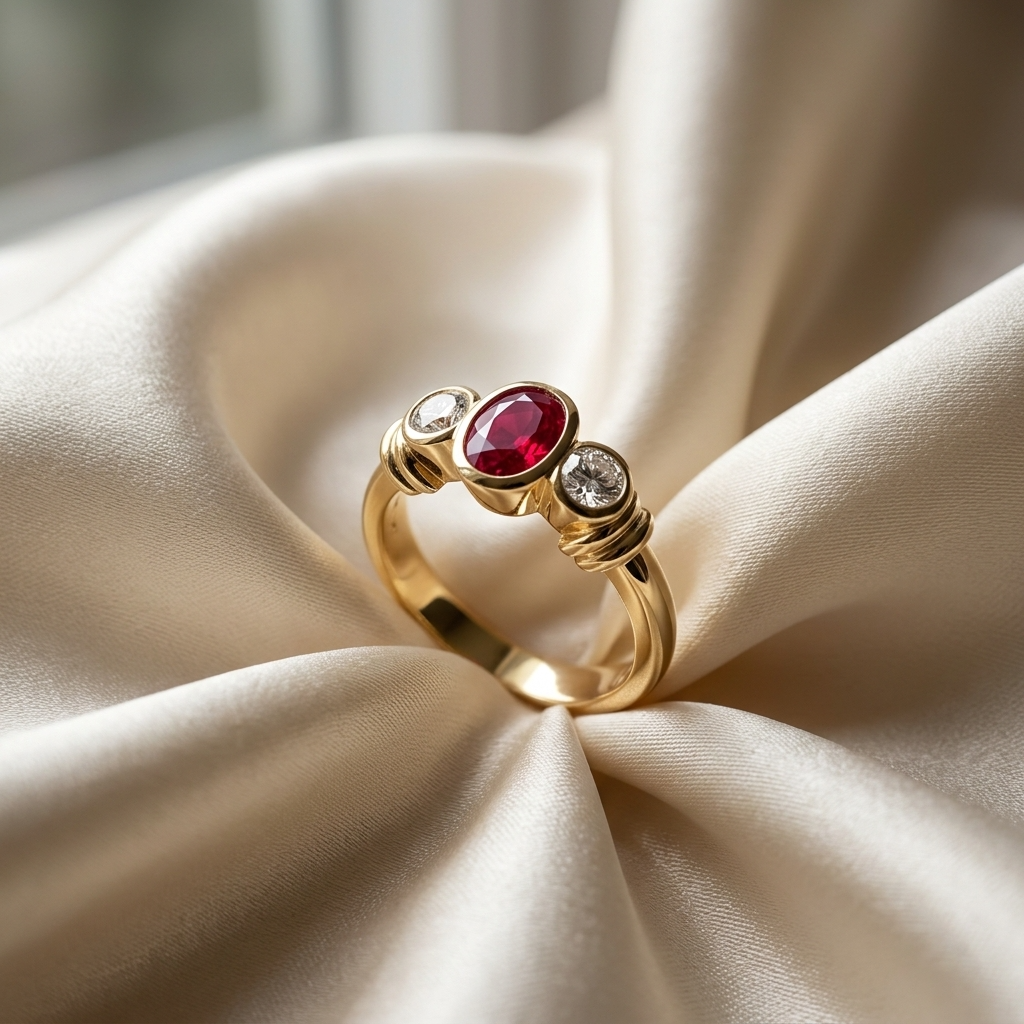 Oval red spinel and diamond ring in yellow gold - detail view