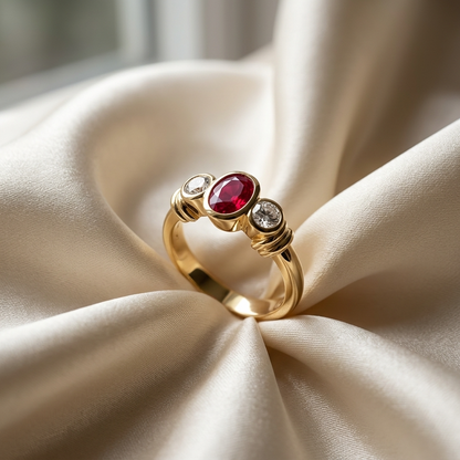 Oval red spinel and diamond ring in yellow gold - detail view