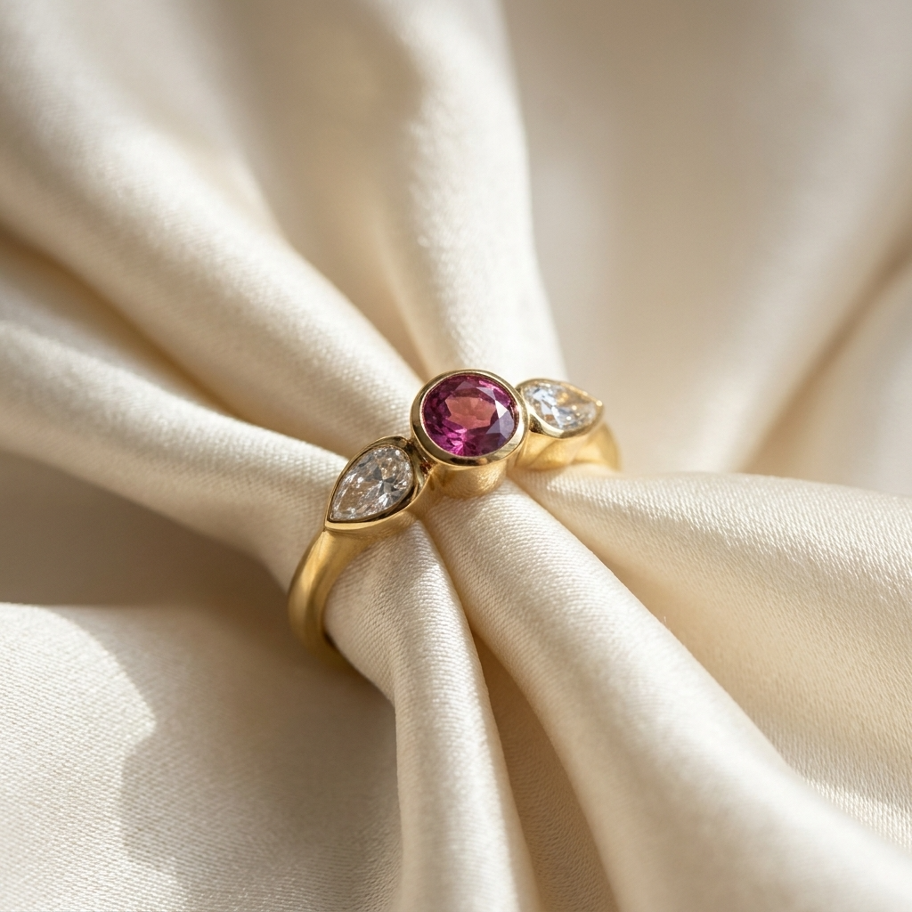 Pink tourmaline and pear shape diamond ring in 18ct yellow gold