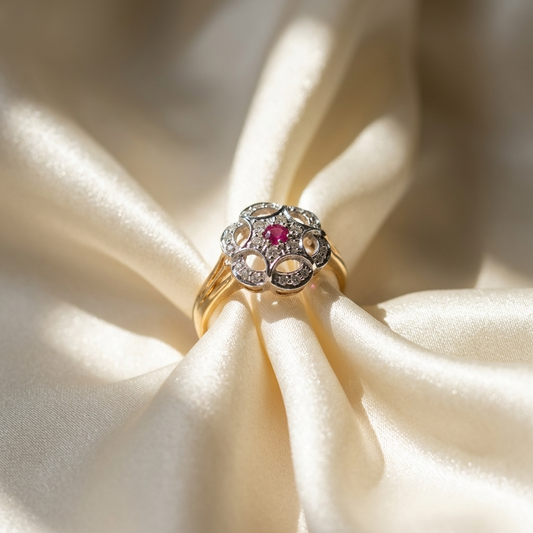 Antique style ruby and diamond ring in 9ct yellow gold