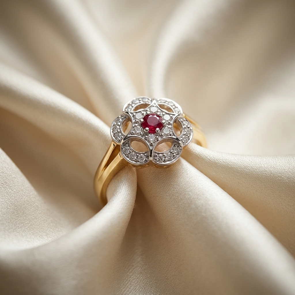 Antique style ruby and diamond ring - detail view