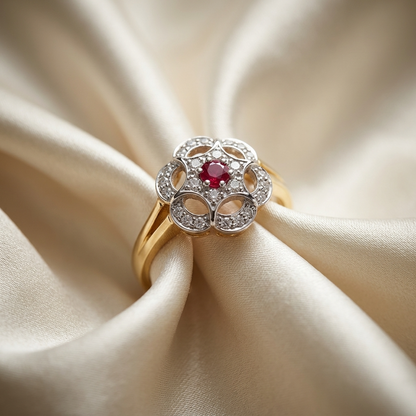 Antique style ruby and diamond ring - detail view