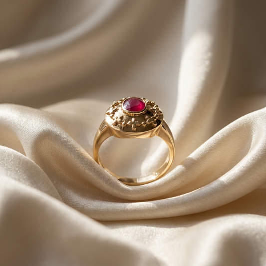 Oval natural ruby solitaire dress ring in 9ct yellow gold