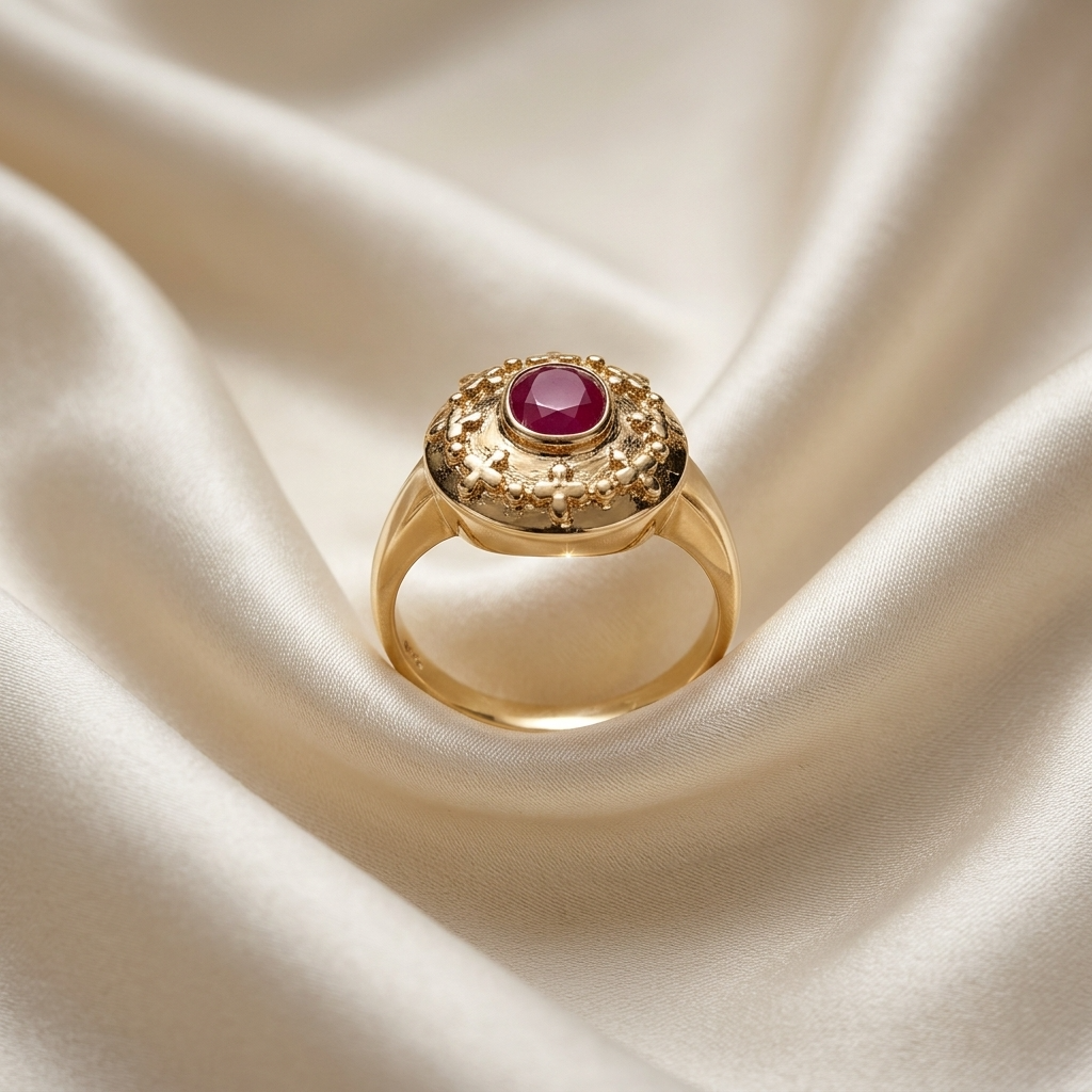 Oval natural ruby solitaire dress ring in yellow gold - detail view