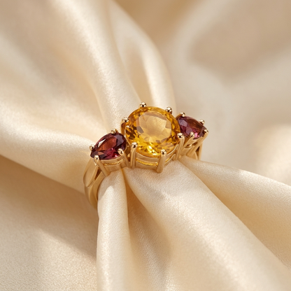 Citrine and garnet trilogy gold ring