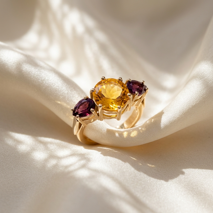 Citrine and garnet trilogy gold ring - side view