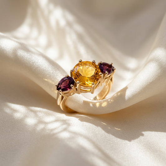 Citrine and garnet trilogy gold ring - side view
