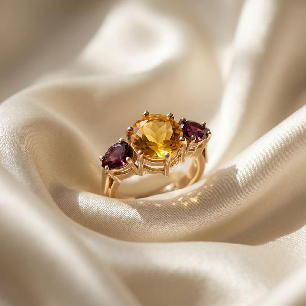 Citrine and garnet trilogy gold ring - angled view