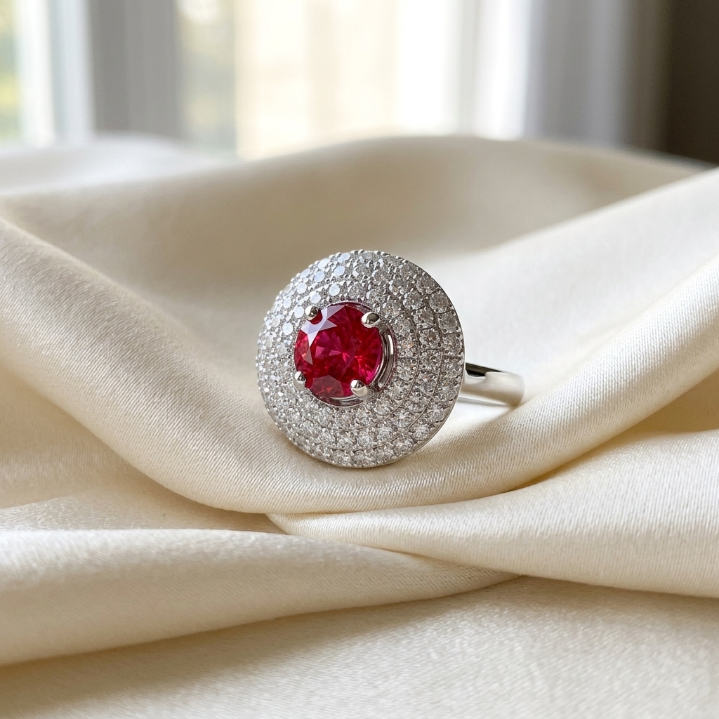 Kashan ruby and pave diamond ring - side view