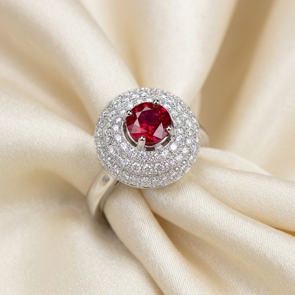 Kashan ruby and pave diamond ring - detail view