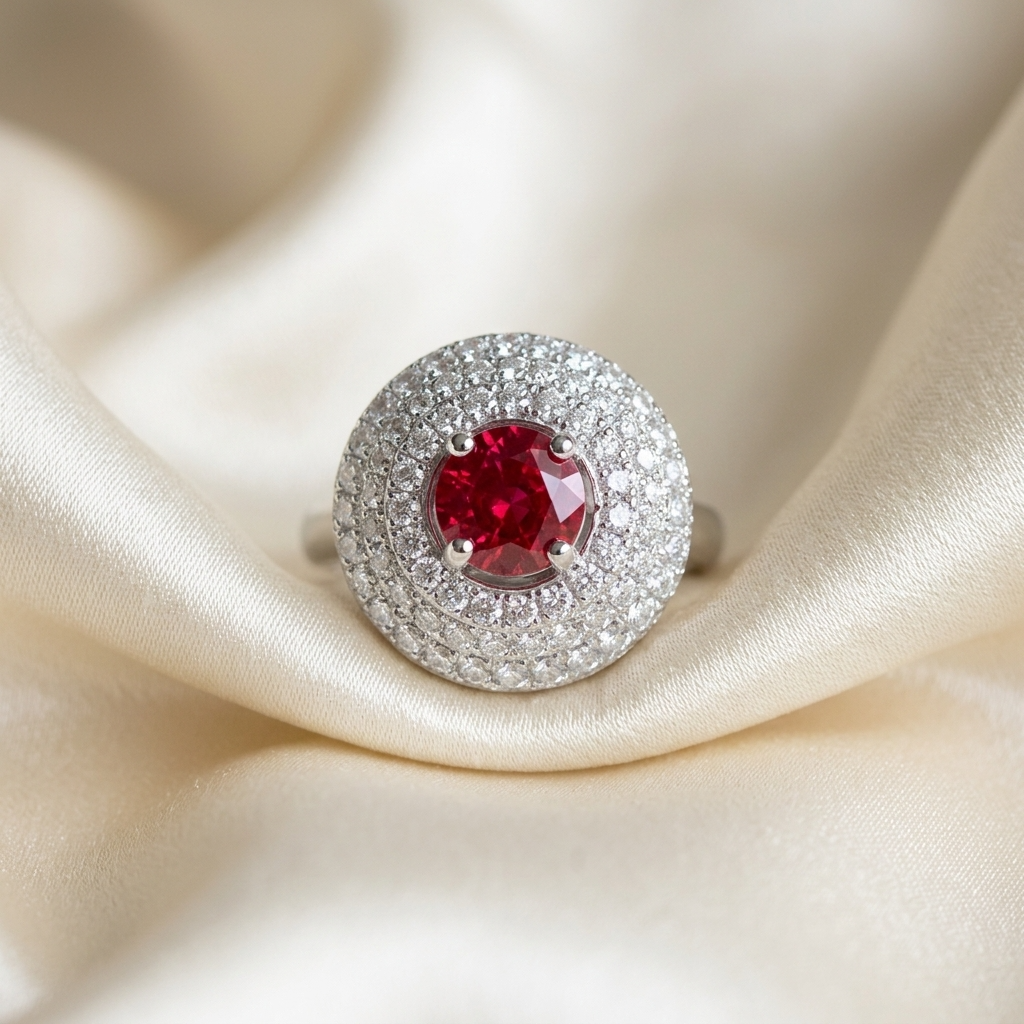 Kashan ruby and pave diamond ring - angled view