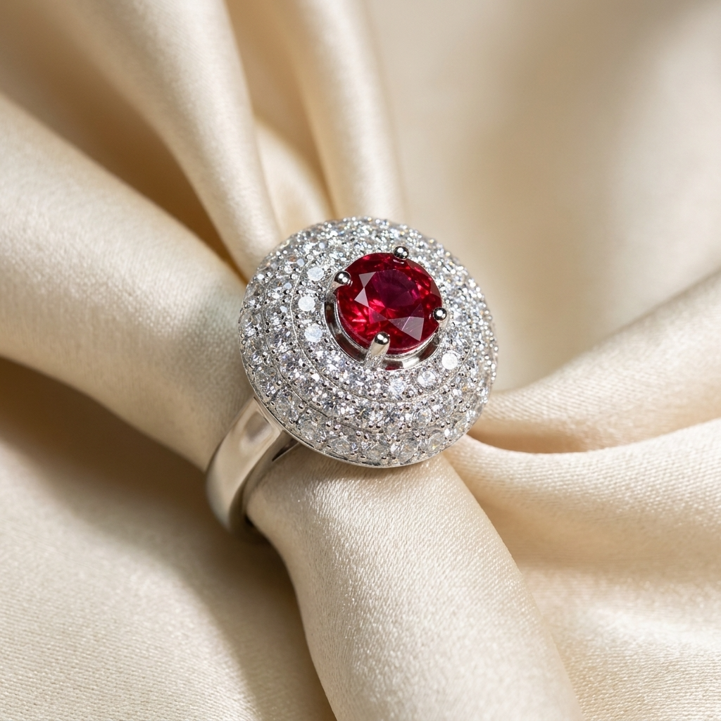 Kashan ruby and pave diamond ring - top view
