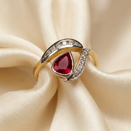 Pear shape ruby and diamond ring — handcrafted in Sydney