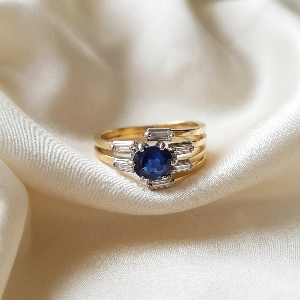 Oval Australian blue sapphire and baguette diamond dress ring in 18ct yellow and white gold