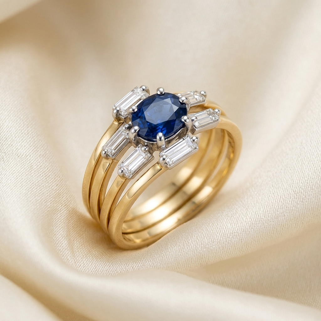 Oval Australian blue sapphire and baguette diamond dress ring - side view