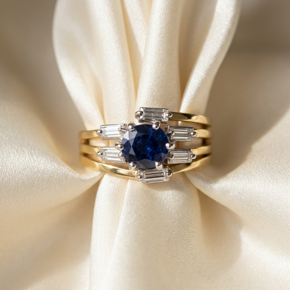 Oval Australian blue sapphire and baguette diamond dress ring - detail view