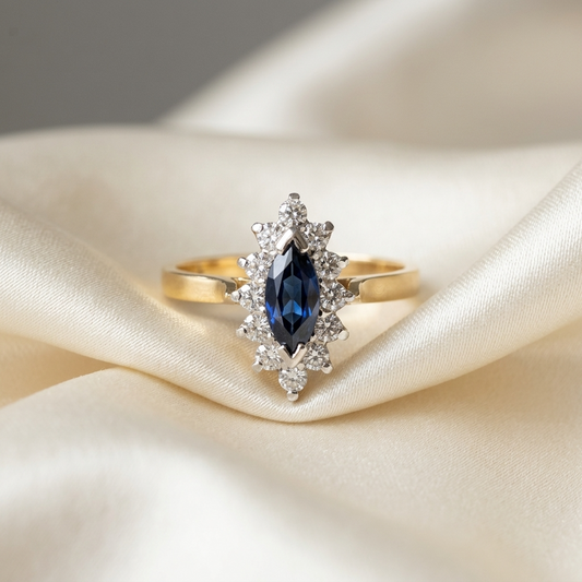 Marquise Australian blue sapphire and diamond dress ring in 18ct yellow and white gold