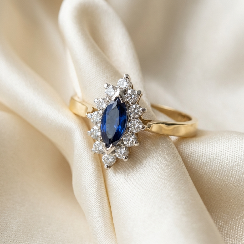Marquise Australian blue sapphire and diamond dress ring - side view