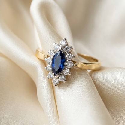 Marquise Australian blue sapphire and diamond dress ring - side view