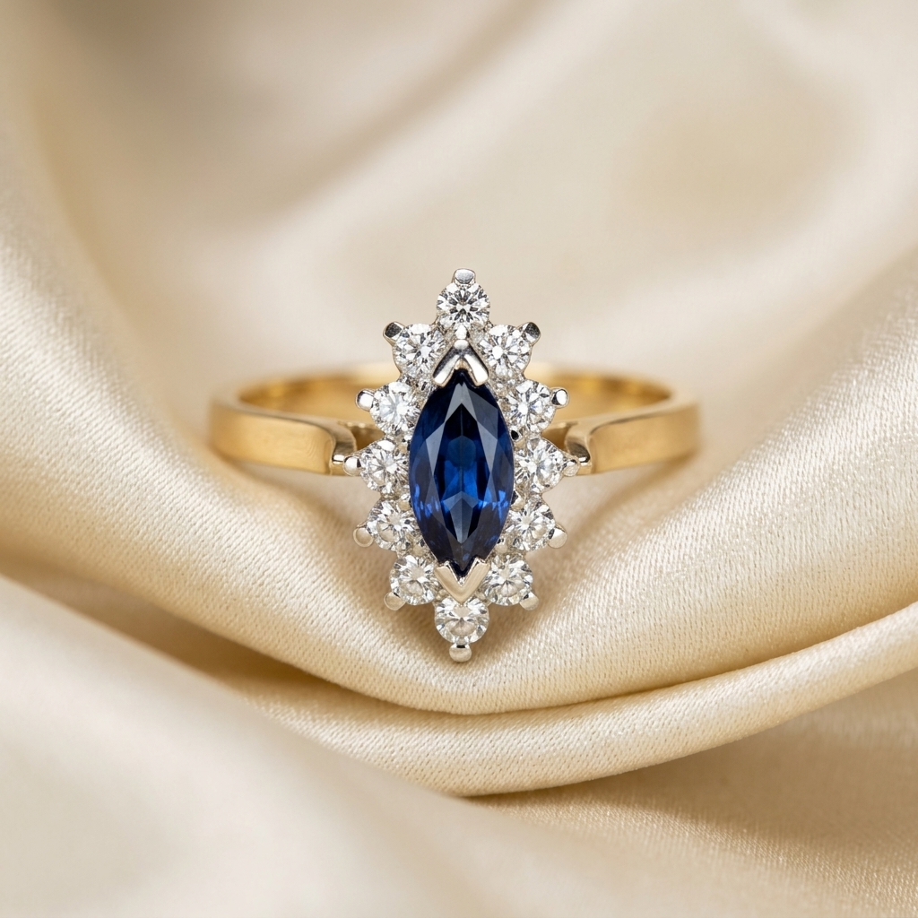 Marquise Australian blue sapphire and diamond dress ring - detail view