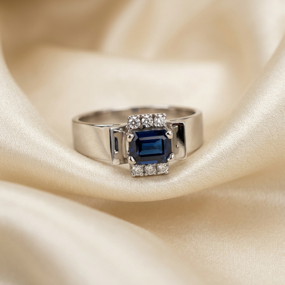 Emerald cut Australian blue sapphire and diamond Retro Deco ring