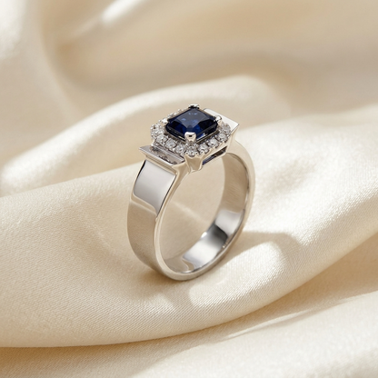 Emerald cut Australian blue sapphire and diamond Retro Deco ring - side view
