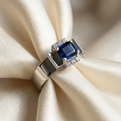 Emerald cut Australian blue sapphire and diamond Retro Deco ring - detail view