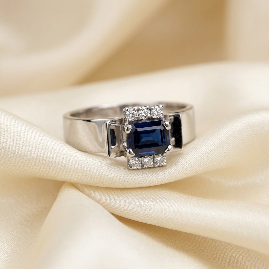 Emerald cut Australian blue sapphire and diamond Retro Deco ring - angled view