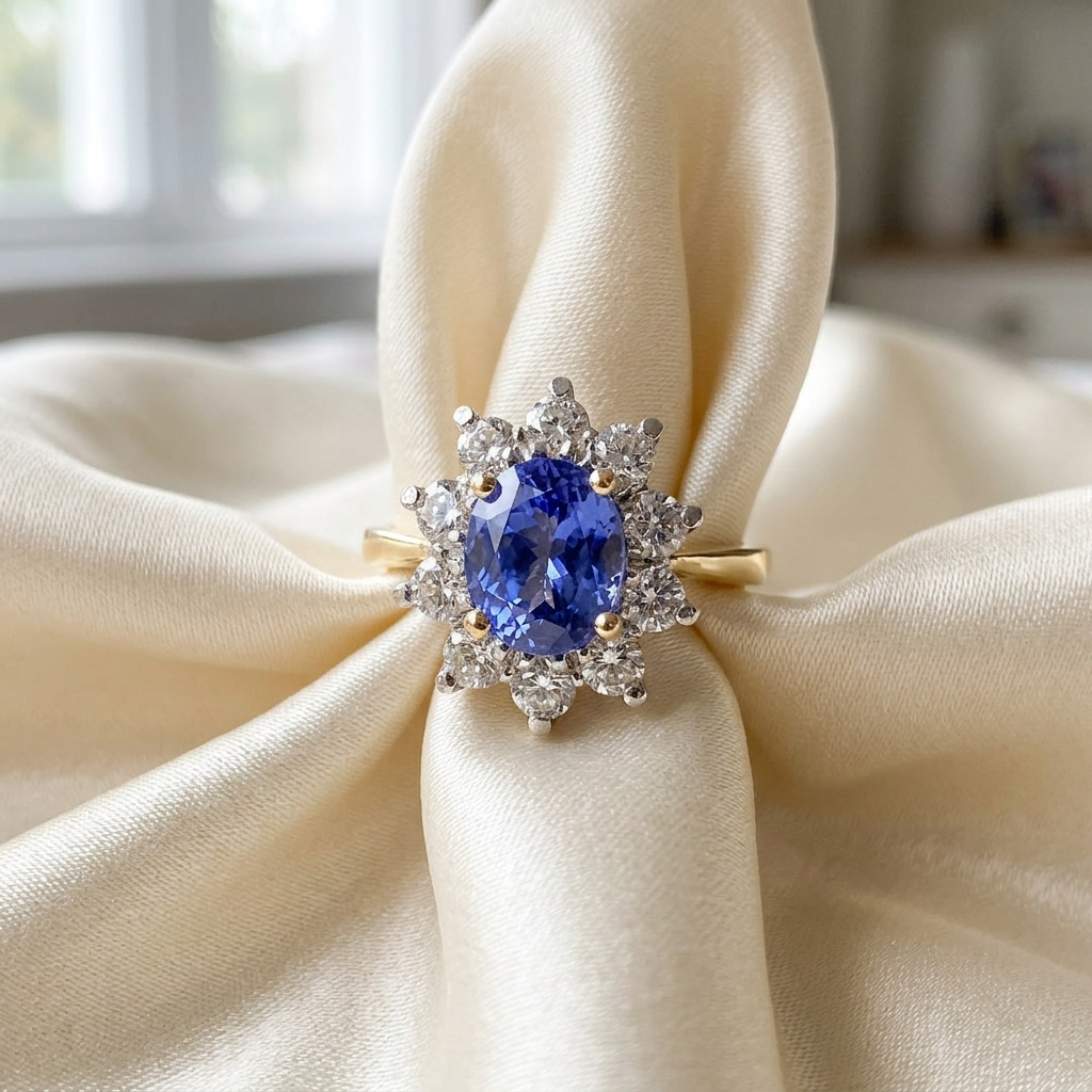Oval Ceylon sapphire and diamond cluster ring with yellow gold band and white gold basket setting
