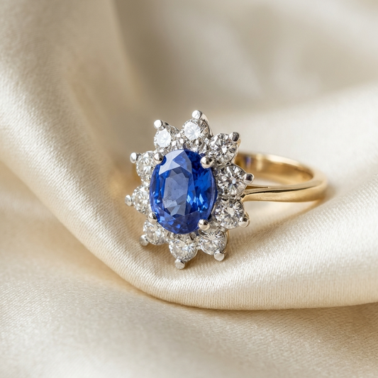 Oval Ceylon sapphire and diamond cluster ring - side view