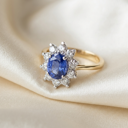 Oval Ceylon sapphire and diamond cluster ring - detail view