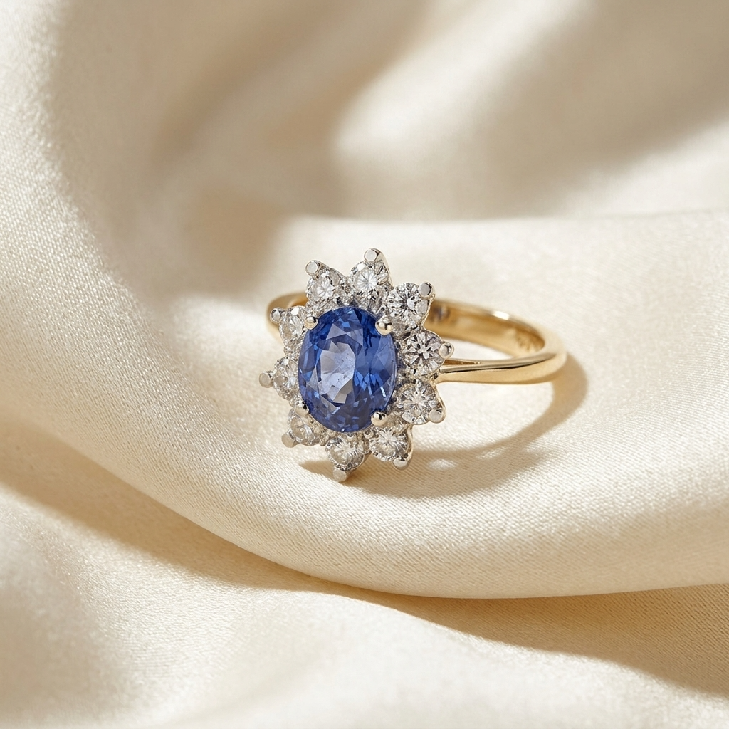 Oval Ceylon sapphire and diamond cluster ring - angled view