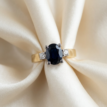 Oval Australian blue sapphire and diamond ring - side view
