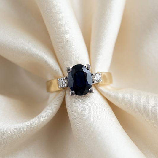 Oval Australian blue sapphire and diamond ring - side view