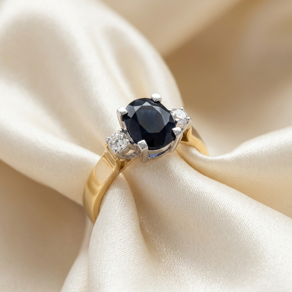 Oval Australian blue sapphire and diamond ring - detail view