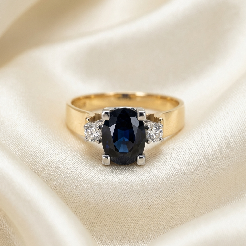 Oval Australian blue sapphire and diamond ring - angled view