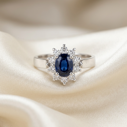Oval Australian blue sapphire and diamond ring in 18ct white gold