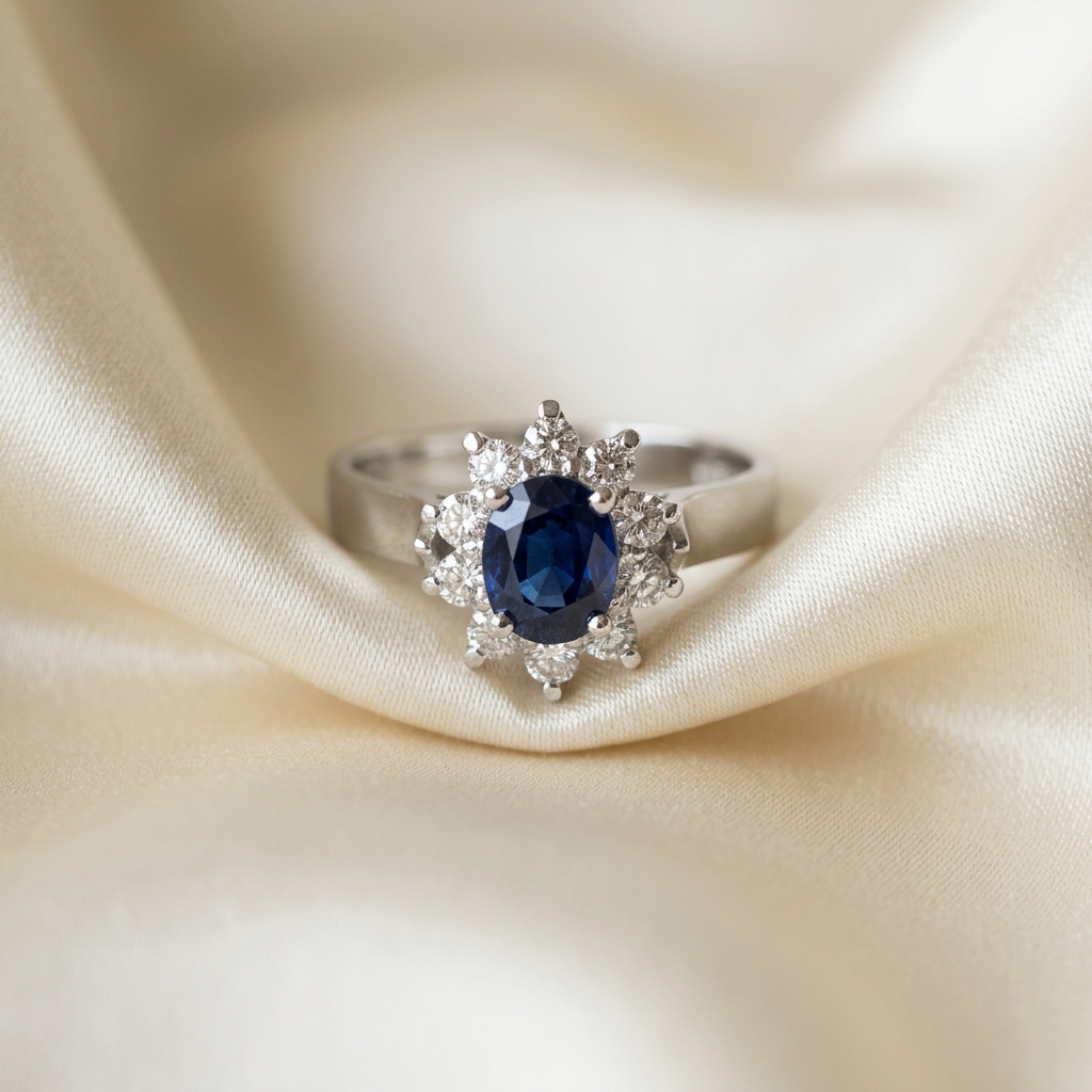 Oval Australian blue sapphire and diamond ring in white gold - detail view