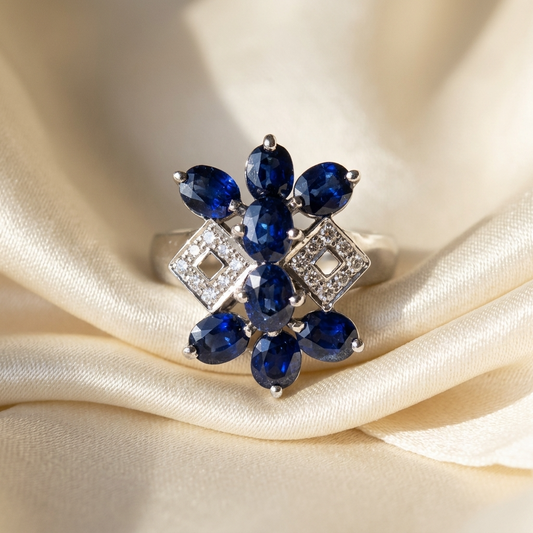 Retro Deco dress ring set with Australian blue sapphires and diamonds in 18ct white gold